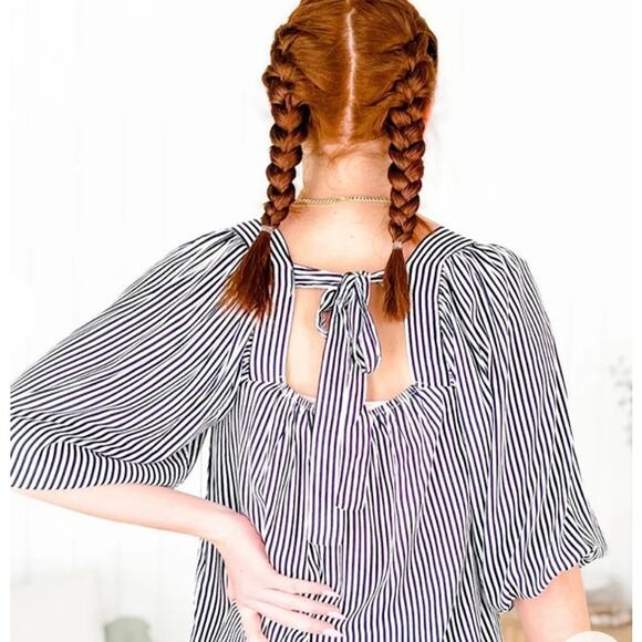 Andree By Unit Striped Boho Peasant Blouse NWT Women’s Large Tie Back - Picture 2 of 8